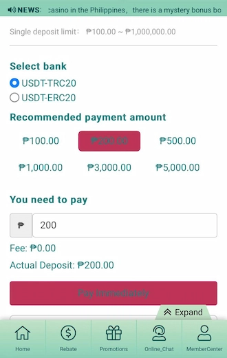 Step 2: Then choose 1 of 2 chain types: USDT-TRC20 or USDT-ERC20. Continue to choose the amount you want to pay.