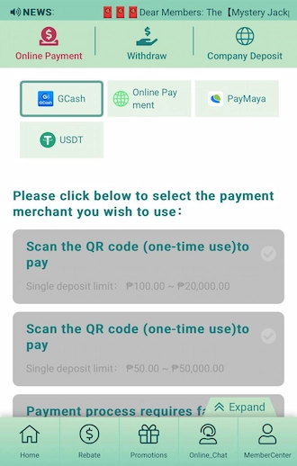 Step 2: The Online Payment interface appears with many payment methods. Bettors should choose the GCash deposit method.
