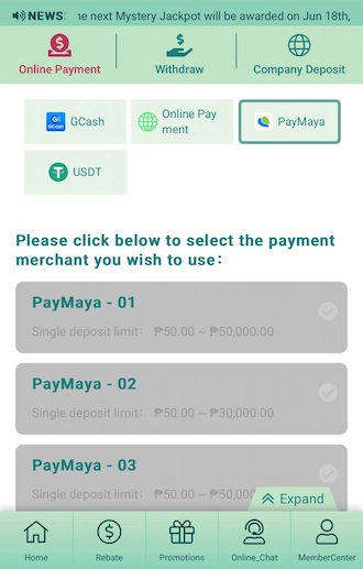Step 1: Bettors in the Philippines should access the Online Payment interface and select the payment method as PayMaya. 