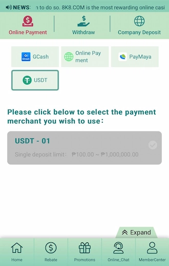 Step 1: In the Online Payment interface, bettors choose the payment method via USDT.