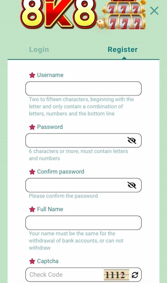 Step 2: Fill in the registration information including Username, Password, Confirm password, Full name, and Captcha in the form