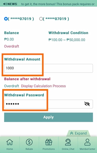 Step 5: Enter the amount you wish to withdraw to your account and enter your withdrawal password correctly. 